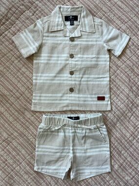 7 for all Mankind beige & White Striped Boys Shirt and Shorts Set size 12 mos